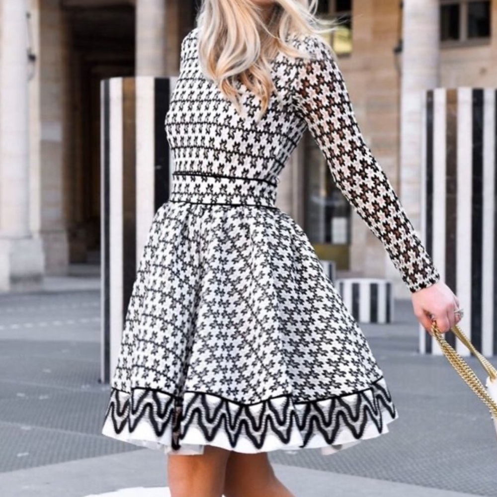 Maje long sleeve black and white party dress. Royan dress